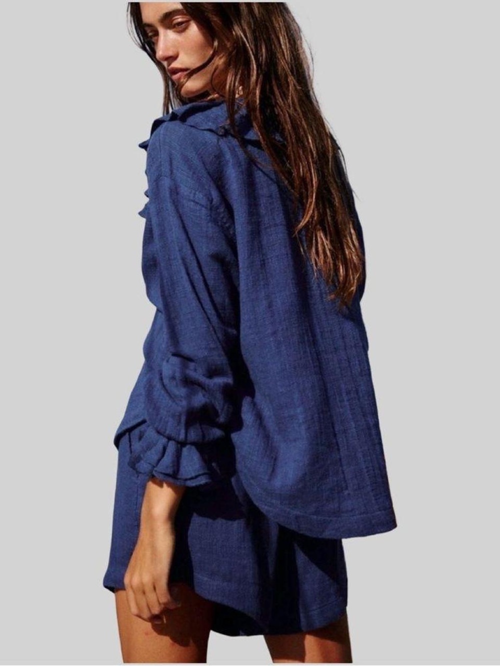 Free People Free-est Summer Vibes Ruffle Neck Button-Down Top Navy Peony Large - Picture 2 of 16